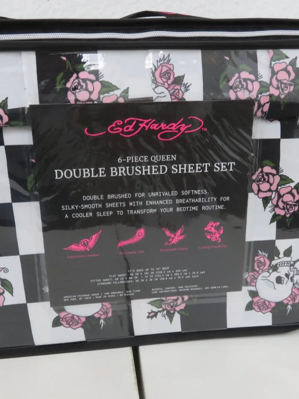 Ed Hardy 6pc Queen Sheet Set Black White Checkered Print & Skulls